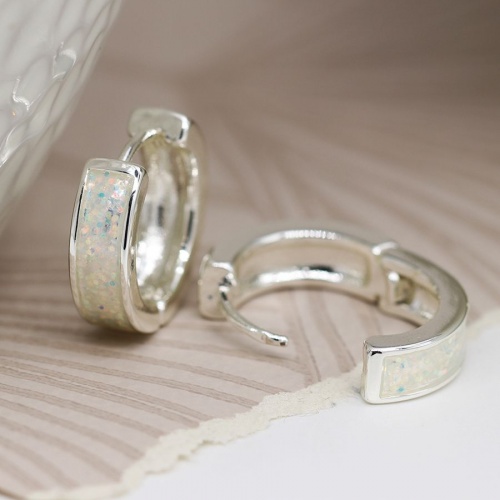 Silver plated white opalite huggie hoop earrings by Peace of Mind